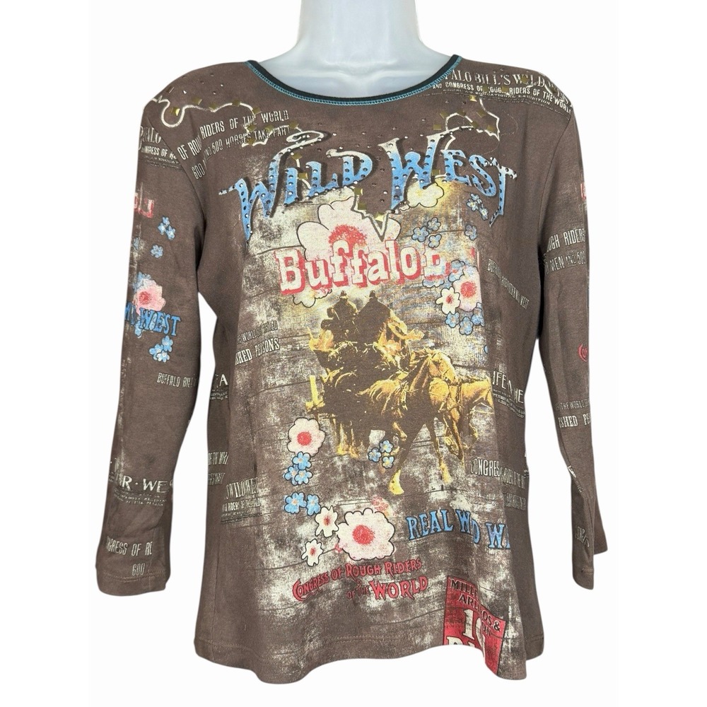 Cactus Wild West‎ Buffalo Bill Western Graphic Top Rhinestone Rodeo Cowgirl Med